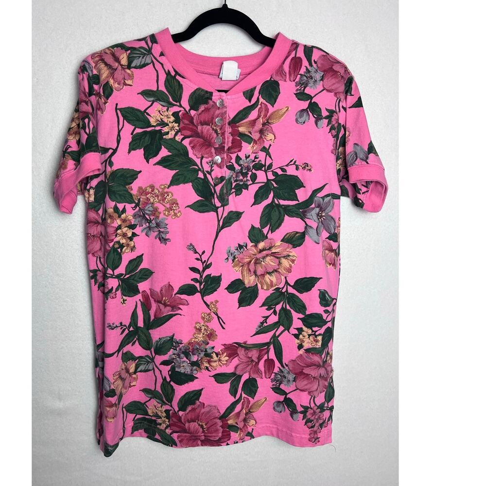Action Gear Women's Short Sleeve Pink Floral Polo Shirt Size S Shoulder Pads 80s